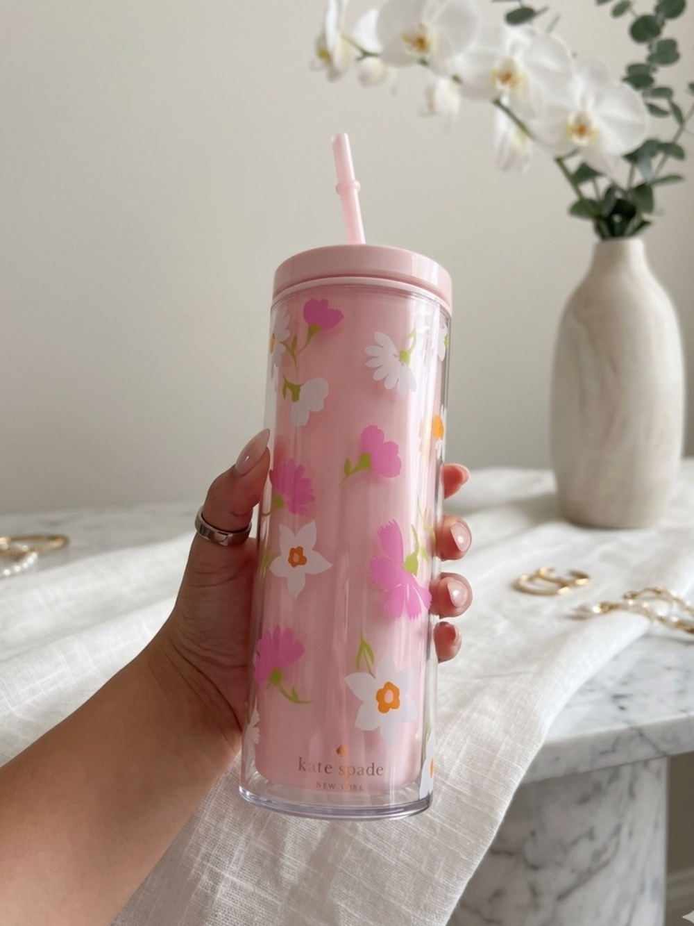 kate spade pink floral tumbler with straw